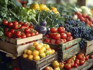 Fresh produce on display at a vibrant farmer's market showcasing seasonal fruits and vegetables in early morning light