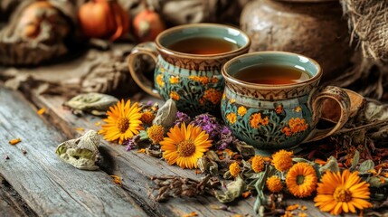 A close-up of herbal tea cups with calendula flowers, surrounded by dried Chernobrovtsi and other autumn elements, set against a vintage wooden background