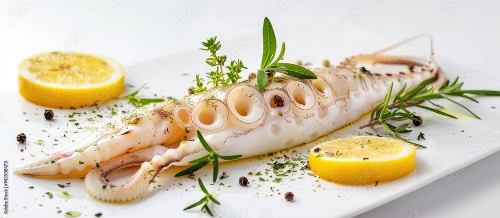 Poster fresh seafood with a whole raw squid garnished with herbs and lemon on a white background for a copy