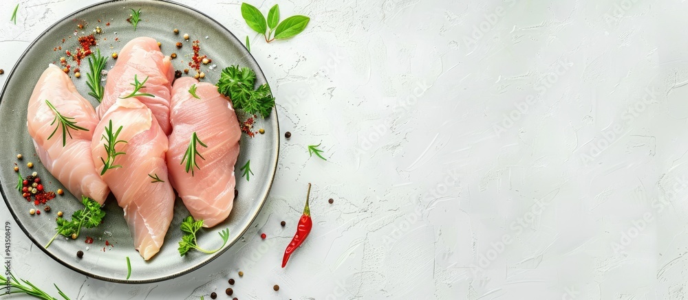 Poster chicken breast fillet presented on a plate against a bright background adorned with assorted spices 