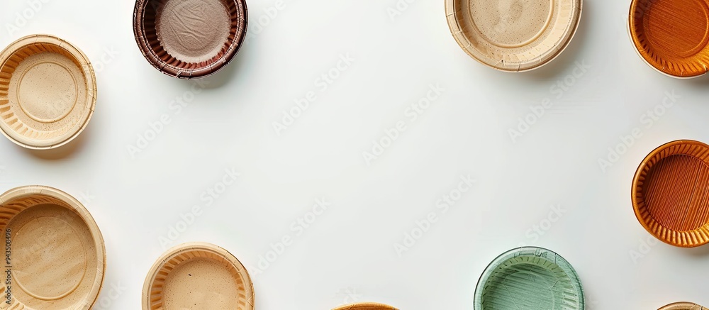 Aufkleber top view of a selection of eco friendly biodegradable craft dishes placed on a light white table bac