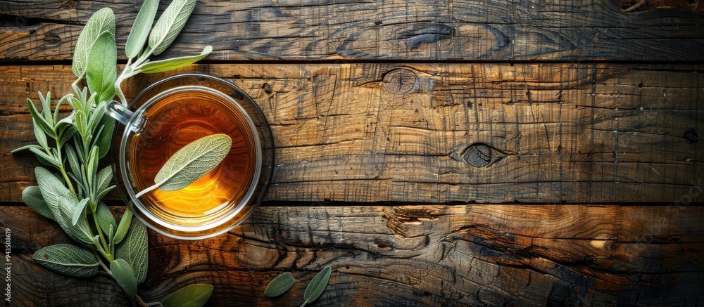 Poster top view of an herb infused tea in a cup alongside sage on a wooden table providing ample copy space