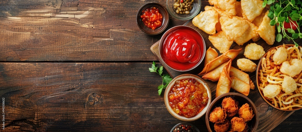 Poster close up of a wooden serving board with various fried snacks and sauces creating an appetizing copy 