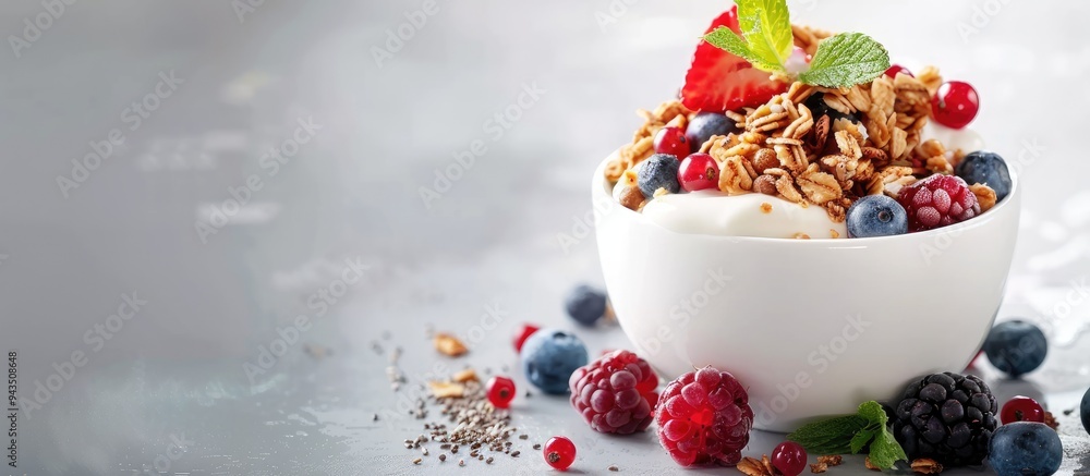 Poster A visually appealing banner design featuring a delicious dessert composed of granola yogurt chia seeds and berries displayed on a white table with room for text in the image. Creative banner