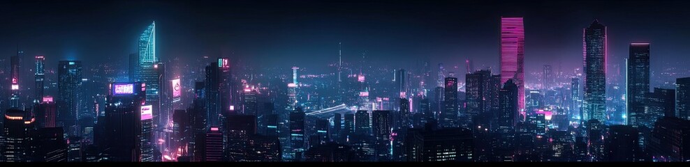 Night view of the city illuminated with neon lights and skyscrapers.