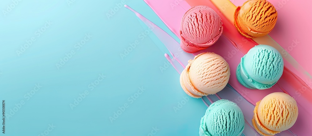 Poster banner design featuring a variety of ice cream scoops arranged on a colorful backdrop with space for