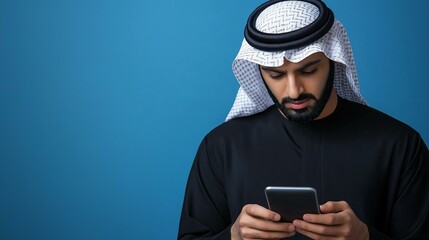 Arab man using mobile, isolated background