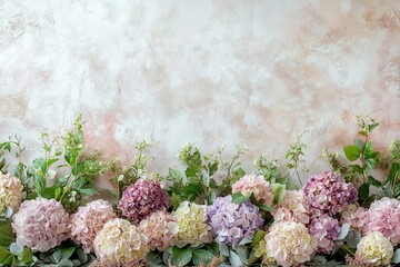 A border of pink, purple and white hydrangeas with green leaves and stems against a white textured background with space for text.