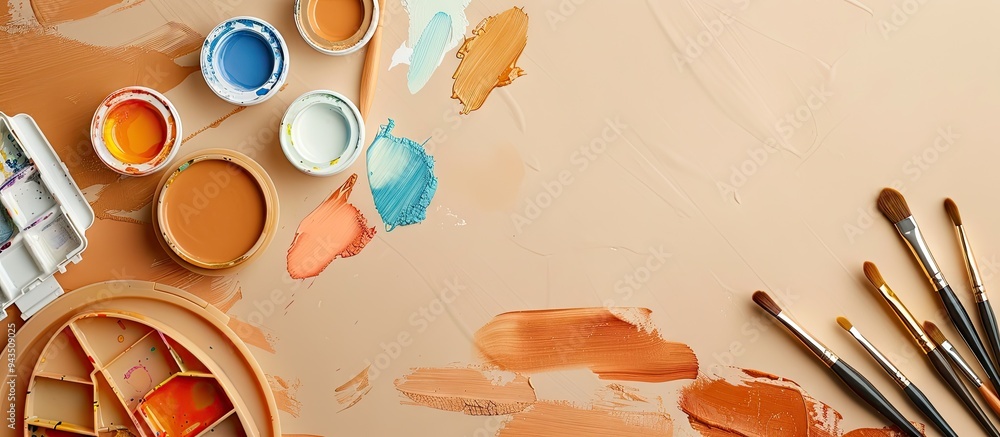 Poster various stationery items watercolor paints and a paint palette on a beige backdrop with copy space i