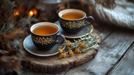 A cozy autumnal setup with herbal tea cups and dried Mary's Gold flowers on a rustic wooden table, capturing the essence of natural health and wellness