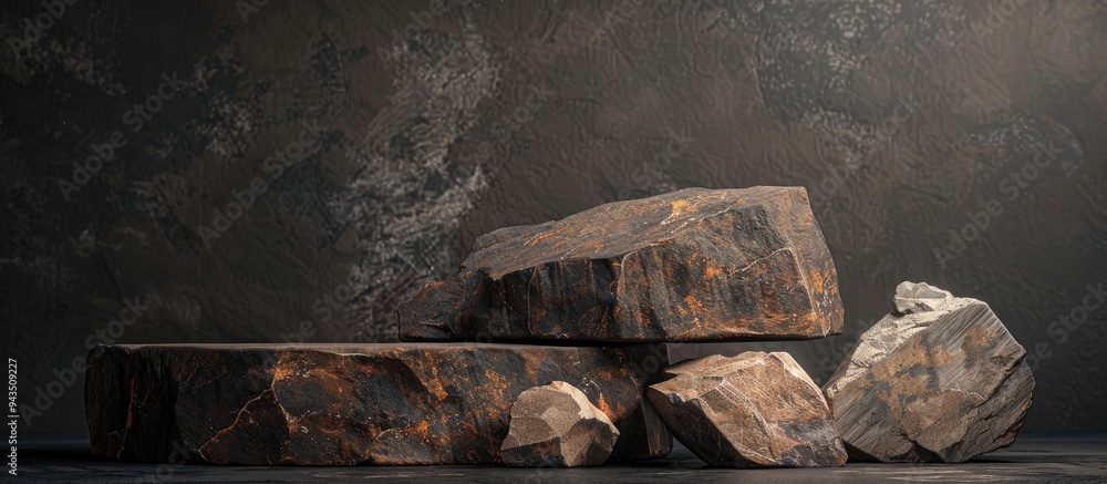 Aufkleber brown natural stones arranged on a dark backdrop create a striking podium with copy space image