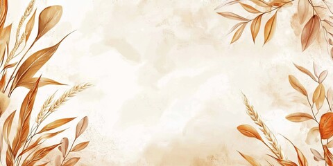Beige background with dried leaves and branches.
