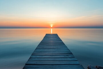 A tranquil wooden dock stretches into the calm water. The soft glow of the sunset reflects on the surface. Nature invites peace and contemplation. Generative AI