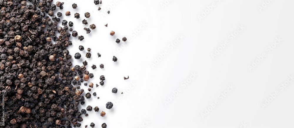 Aufkleber macro shot of black ground pepper on a white backdrop with copy space image