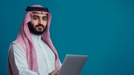 Arab man with laptop isolated background