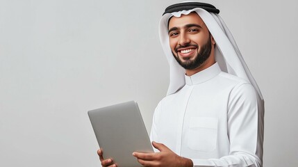 Arab man with laptop isolated background