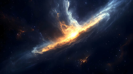 A bright, yellow nebula with glowing edges in a dark space with a scattering of stars.