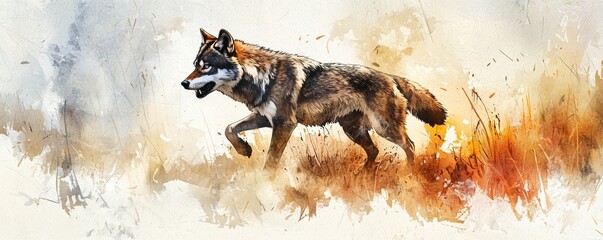 Obraz premium A majestic wolf moving gracefully through a vivid landscape, highlighted by artistic watercolor strokes and dramatic colors.
