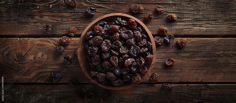 Sticker Top view of raisins on a wooden table ideal for text placement in the image Raisins are a nutritious snack option. Creative banner. Copyspace image