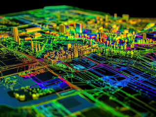 Obraz premium Technical aerial visual, 3D LiDAR GIS aerial map satellite scan model isolated, showing Eindhoven, Netherlands. Elevation, topography, render