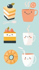 A delightful collection of charming food icons showcases various desserts and drinks with whimsical, smiling faces against a pastel backdrop
