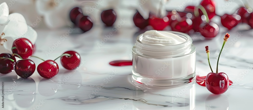 Poster close up of a glass container with lotion for body and face near spilled lotion featuring a red cher