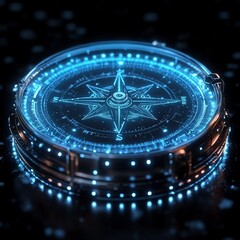 Digital Compass: Navigating the Future: A futuristic digital compass with glowing blue lights. The intricate details and sleek design evoke a sense of innovation and direction.  