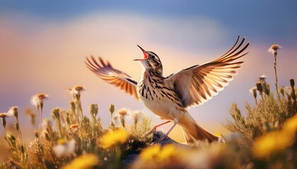 Eurasian Skylark Singing in Flight Over a Meadow