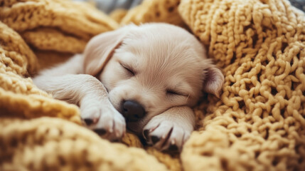 Obraz premium Cute puppy sleeping on a cozy blanket