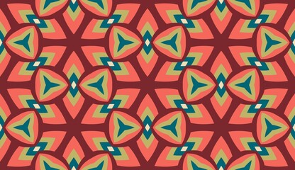 Geomatric seamless pattern in green and orange. Square repeating structure.