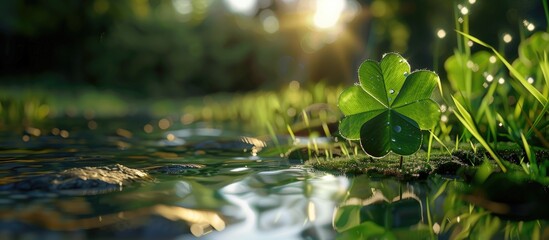 A large four leaf clover is seen up close reflecting in the grass in an outdoor setting providing a serene copy space image