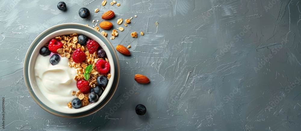 Poster a delicious bowl of granola with berries almonds and yogurt on a textured gray table in a flat lay c