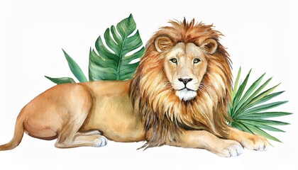 watercolor lion with tropical leaves on a white background