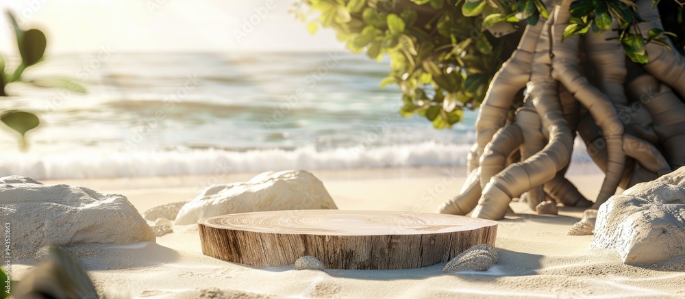 Aufkleber minimal abstract concept with a podium made of tree wood and stone on a realistic sandy beach backgr