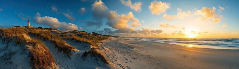 Obraz premium Beautiful panoramic view of sea beach with sand dunes and lighthouse in the background at sunset.