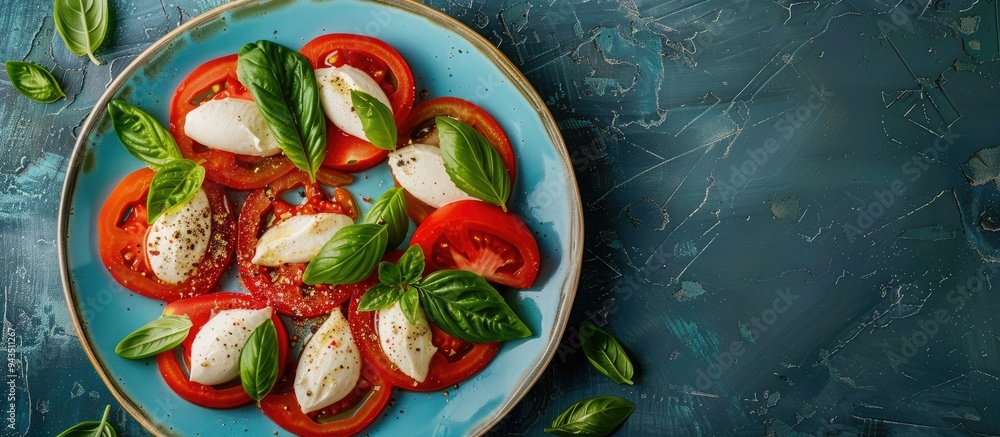 Poster top down view of a caprese salad served on a blue plate resembling the colors of the italian flag wi
