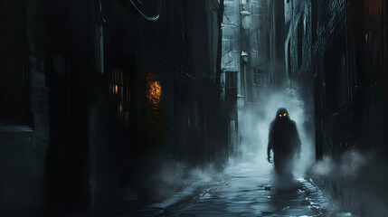 A dark alley in a city reveals a shadowy figure with glowing eyes, shrouded in mist and mystery, evoking an eerie atmosphere