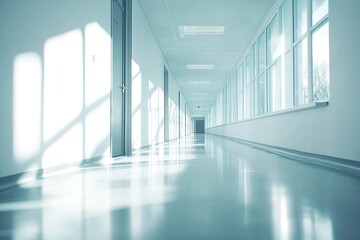 Blurred background of a hospital interior with a white corridor and windows, no people. 
