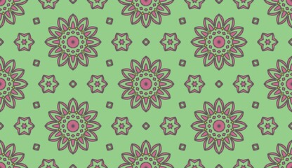 Geomatric seamless pattern in green and pink. Floral repeating structure.