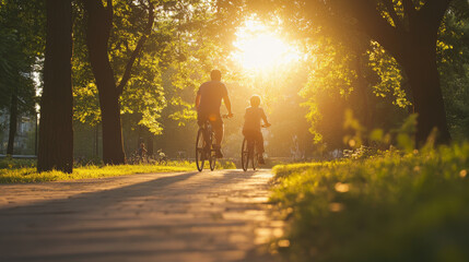 Two people are riding bikes in a park