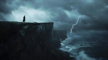 A ghostly figure stands at the edge of a cliff overlooking a stormy sea, surrounded by dark clouds and lightning in a haunting atmosphere