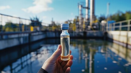 A hand holds a clear water sample in front of an industrial plant, symbolizing environmental testing and water quality analysis..