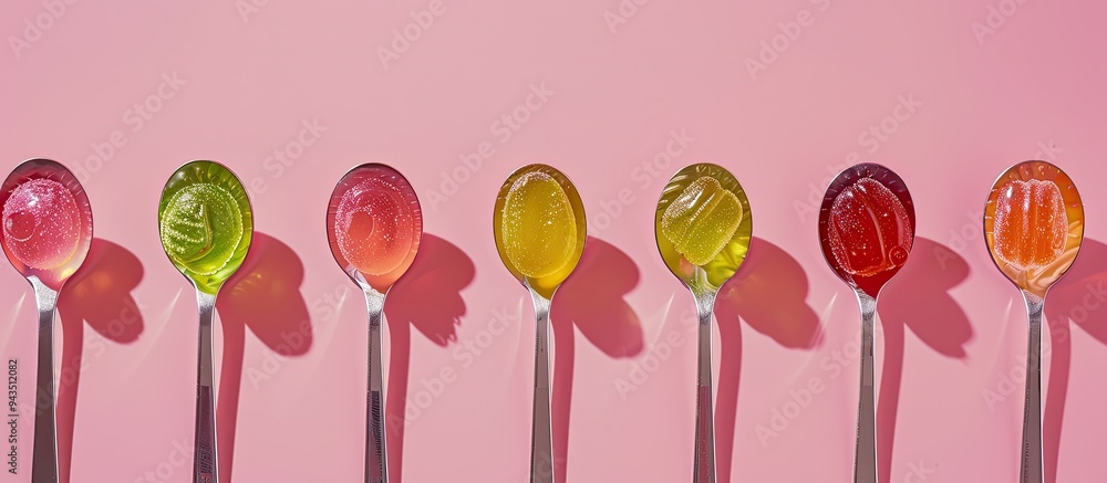 Poster spoons filled with jelly candies displayed on a pink backdrop with available copy space image