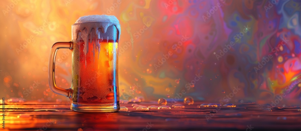 Poster Close up shot of a mug filled with fresh beer placed on a wooden table set against a colorful background with room for adding text. Creative banner. Copyspace image