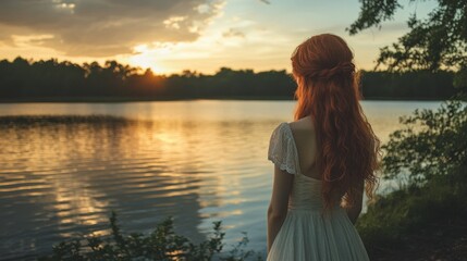 Fototapeta premium Sunset glow highlights the features of a redheaded woman standing by a peaceful lake, her dress gently flowing in the breeze.