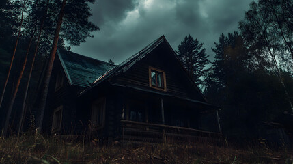 Obraz premium A haunted eerie cabin in the woods stands ominously under dark, stormy skies surrounded by tall trees and overgrown grass