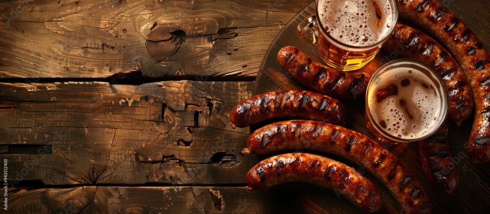 Poster top down view of grilled sausages and a glass of beer on a wooden table with a clear area for additi
