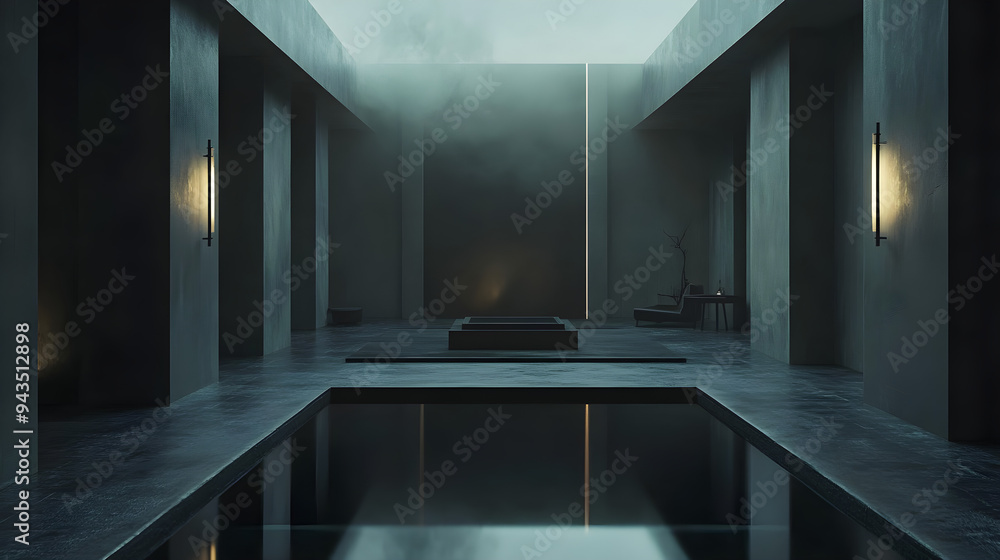 Poster a haunted house scene with a modern twist featuring sleek architecture and an eerie atmosphere, illu