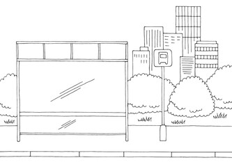 Bus stop graphic black white sketch illustration vector 