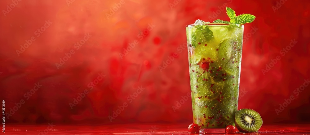 Poster refreshing cocktail with kiwi and mint in a glass set against a red backdrop with ample copy space i